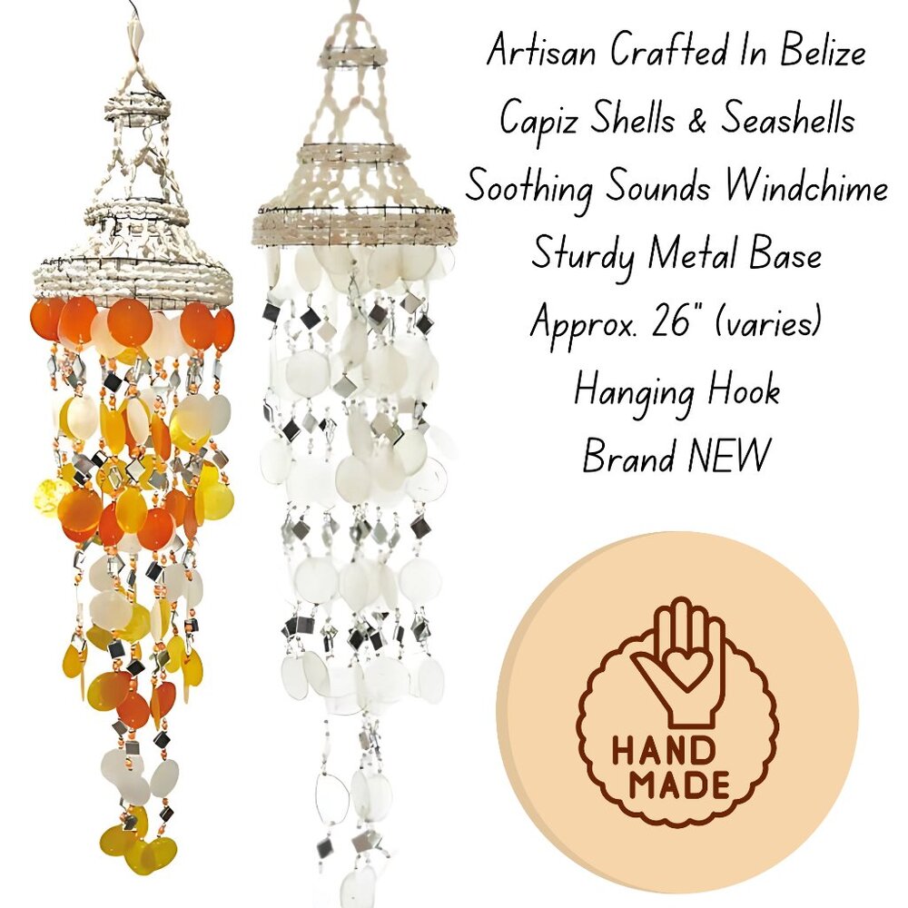 Mirrored Tile Capiz & Seashell Belize Artisan Made Windchimes Bohemian Decor NEW